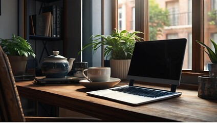 Fototapeta premium Cozy home office next to window, with a set of tea