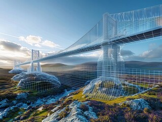 A photograph of a wireframe model of a bridge superimposed over a real landscape, visualizing the design before construction