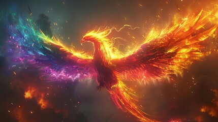 A rising phoenix, its wings ablaze with the colors of the Juneteenth flag, representing the enduring spirit of Black people