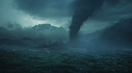 The image depicts a dramatic night scene with a powerful tornado touching down in a mountainous landscape. The tornado's funnel is dark and defined against the surrounding clouds and faint moonlight, 