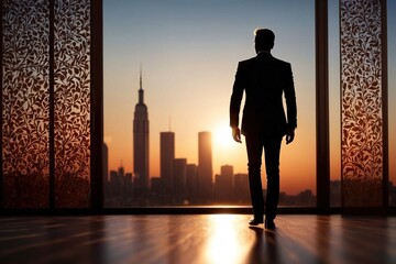 Silhouette of business man in corporate environment, standing journey to success