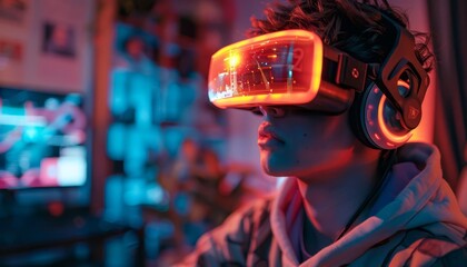A gamer wearing a braincomputer interface headset, deeply immersed in an advanced game that adapts to emotional and cognitive responses - obrazy, fototapety, plakaty