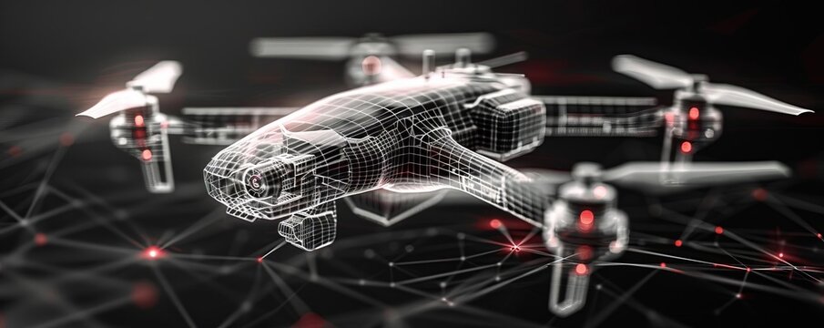 A wireframe model of a futuristic drone, showcasing its aerodynamic design and advanced camera systems