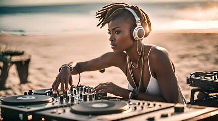 African Female DJ Performing at a Beach Party. Beats by the Beach