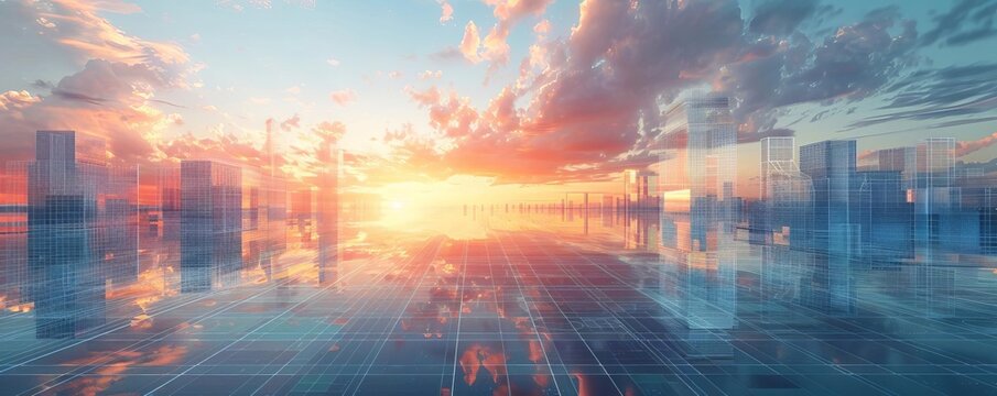 An illustration of a wireframe city floating in the sky, representing the concept of a utopian future