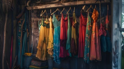 Women's dresses hanging on hangers,