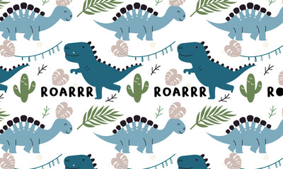Seamless pattern with cute dinosaur vector