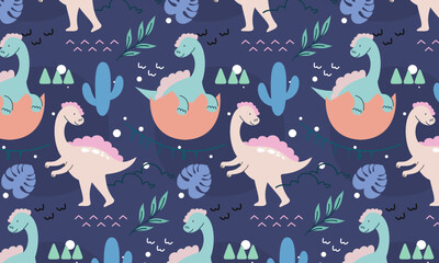 Seamless pattern with cute dinosaur vector