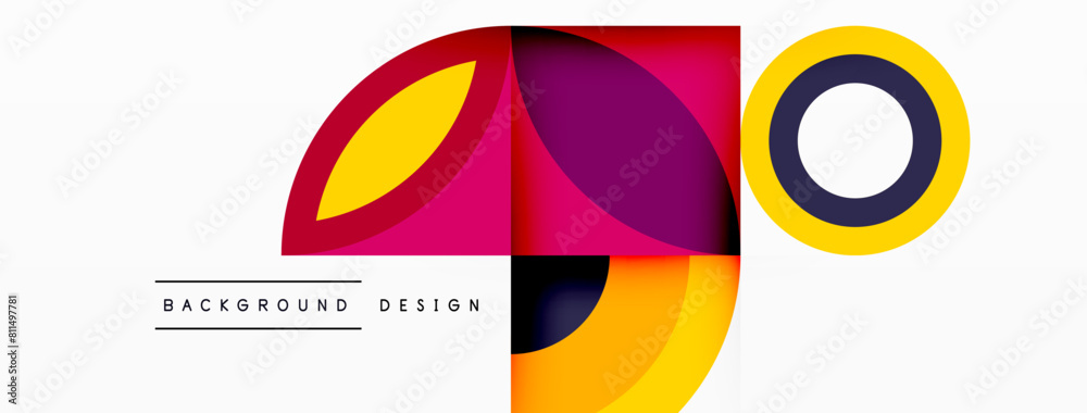 Poster a vibrant logo design featuring circles, squares, and triangles in shades of magenta and electric bl
