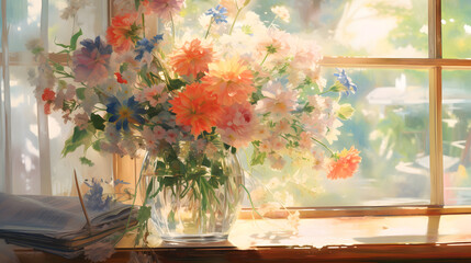 Watercolor pastel window sill and flower arrangement background poster decoration painting - obrazy, fototapety, plakaty