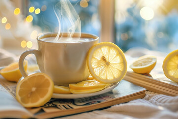 An image of a coffee cup with steam, around the mug include lemon slices - Generative AI - obrazy, fototapety, plakaty