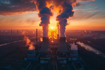a coal power plant with smoke coming out of the smokestacks. The sky is orange and the sun is setting. The photo is taken from a high angle. - obrazy, fototapety, plakaty