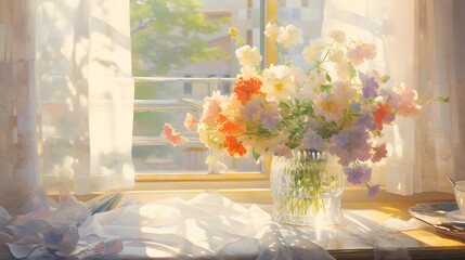 Watercolor pastel window sill and flower arrangement background poster decoration painting - obrazy, fototapety, plakaty