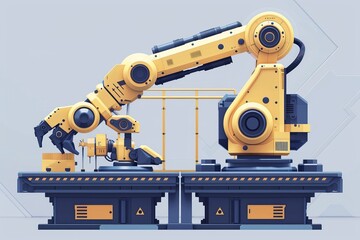 The picture shows a yellow robot arm on a blue platform. - obrazy, fototapety, plakaty