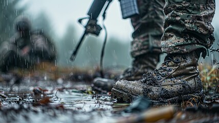 a soldier's feet walking through the rain - obrazy, fototapety, plakaty