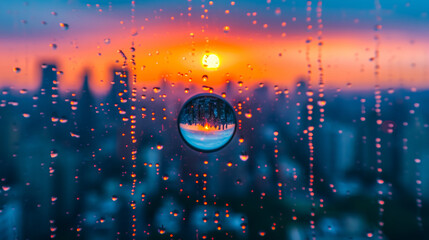 A close-up of a water droplet on a window pane refracts the world outside - obrazy, fototapety, plakaty