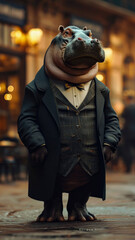 Fashionable hippopotamus graces city streets in tailored elegance, epitomizing street style. - obrazy, fototapety, plakaty
