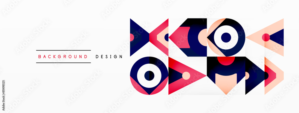 Poster an artistic geometric design featuring triangles, rectangles, circles, and arrows in electric blue. 