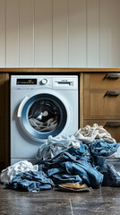 free space on the left corner for title banner realistic photo: image of dirty laundry piled up - obrazy, fototapety, plakaty