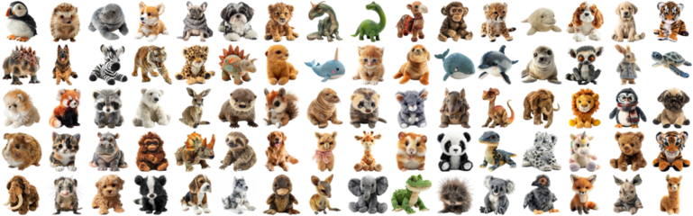 Big set of cute fluffy animal dolls for nursery and children toys, many animal plush dolls photo collection set, isolated background AIG44