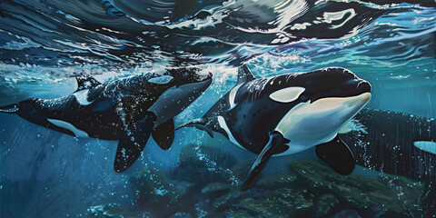 oil painting of orcas swimming in the ocean, generative AI - obrazy, fototapety, plakaty