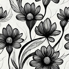 seamless pattern black flower doodle on white color background - obrazy, fototapety, plakaty
