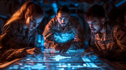  a military intelligence expert utilizing a holographic augmented reality table, integration of technology and expertise in modern military operations, showcasing the innovation and precision required - obrazy, fototapety, plakaty