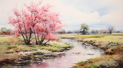 Watercolor springtime outdoor landscape country road background poster decoration painting - obrazy, fototapety, plakaty
