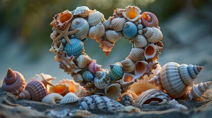 A design made by arranging sea shells on the beach.  - obrazy, fototapety, plakaty