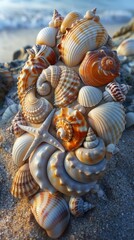 A design made by arranging sea shells on the beach.  - obrazy, fototapety, plakaty