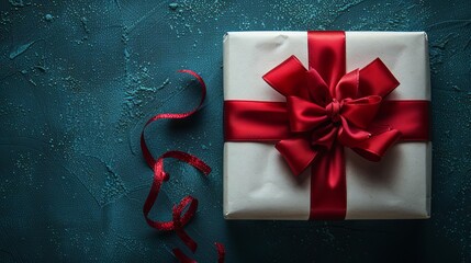 A gift box with red ribbon on a blue background. Generative AI. - obrazy, fototapety, plakaty