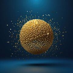 Abstract 3d render of golden sphere with confetti on blue background