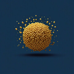 Abstract 3d render of golden sphere with confetti on blue background