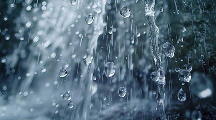 Water droplets falling from a waterfall. Generative AI.