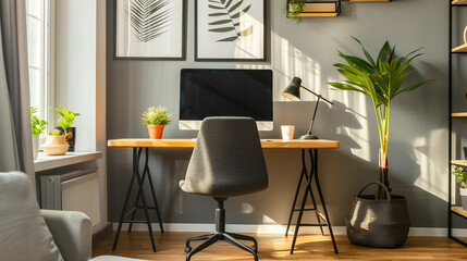 Black chair at table with computer monitor in bright home office interior with poster