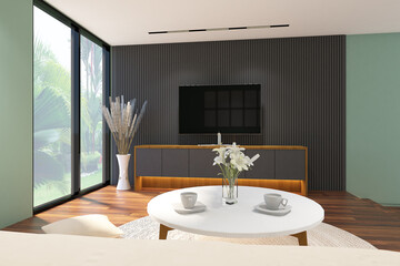 3d render illustration of interior living with sofa, table, drawer cabinet wood and frame picture. Wood parquet floor, fluted graypanel, green wall and white ceiling. Set 2