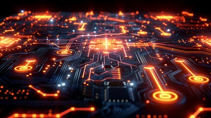 abstract cyber circuit future mother borad illustration technology concept with glowing color dots, board future scifi technology with line isolated in dark background 