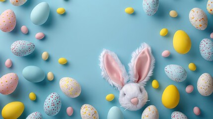 Delightful Easter Scene with Bunny, Eggs and Pastel Hues.