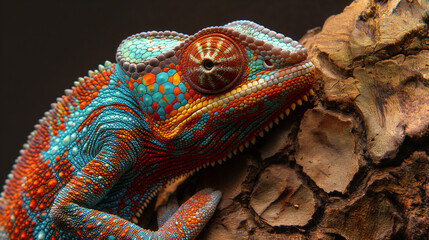 Closeup of a colorful chameleon on a brown tree bark