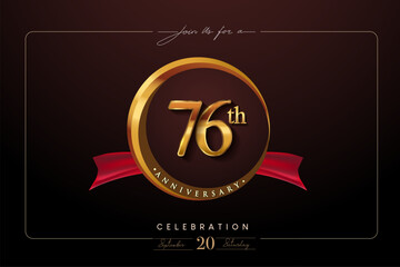 76th Anniversary Logo With Golden Ring And Red Ribbon Isolated on Elegant Background, Birthday Invitation Design And Greeting Card.