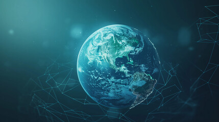 Fototapeta premium Map of the planet. Rays of energy. World map. Global social network. Future. Vector. Blue futuristic background with planet Earth. Internet and technology. Floating blue plexus geometric background.