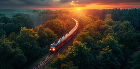 Sunset View of High-Speed Train Passing Through Forest. High-speed train travels through a lush green forest under a breathtaking sunset, showcasing the blend of technology and nature.