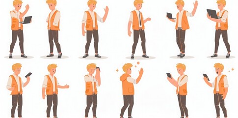 Set of young businessman in vest character poses 