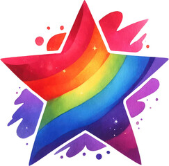 Watercolor Pride Month Clipart: LGBT Rights, Rainbow, and Diversity Themes. Colorful LGBT Pride Star: Gay, Lesbian, Bisexual, Transgender Symbols. Handcrafted Celebrating Pride, Equality, and Love