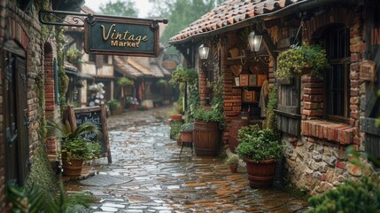 A brick street with a sign that says Vintage Market