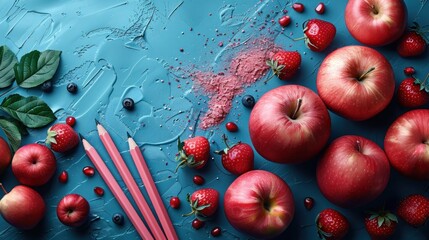 A blue background with a bunch of red apples and strawberries - Powered by Adobe