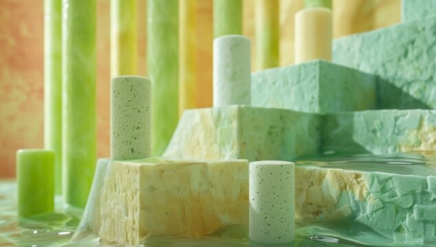 Photograph a striking 3D bar graph immersed in larva texture, evoking the concept of sustainability and ecological balance in business.