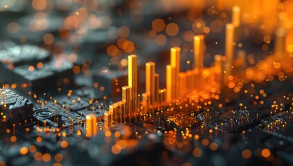 Present a visually captivating shot of a 3D bar graph emerging from a sea of larva texture, suggesting resilience and adaptability in market trends.