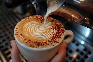 Barista Pouring Milk into Coffee Cup. Professional barista pouring steamed milk into a coffee cup, creating intricate latte art.