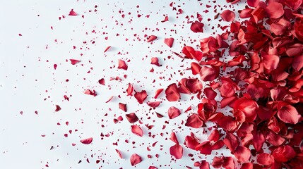 Red rose petals scattered on a white background Generative AI.